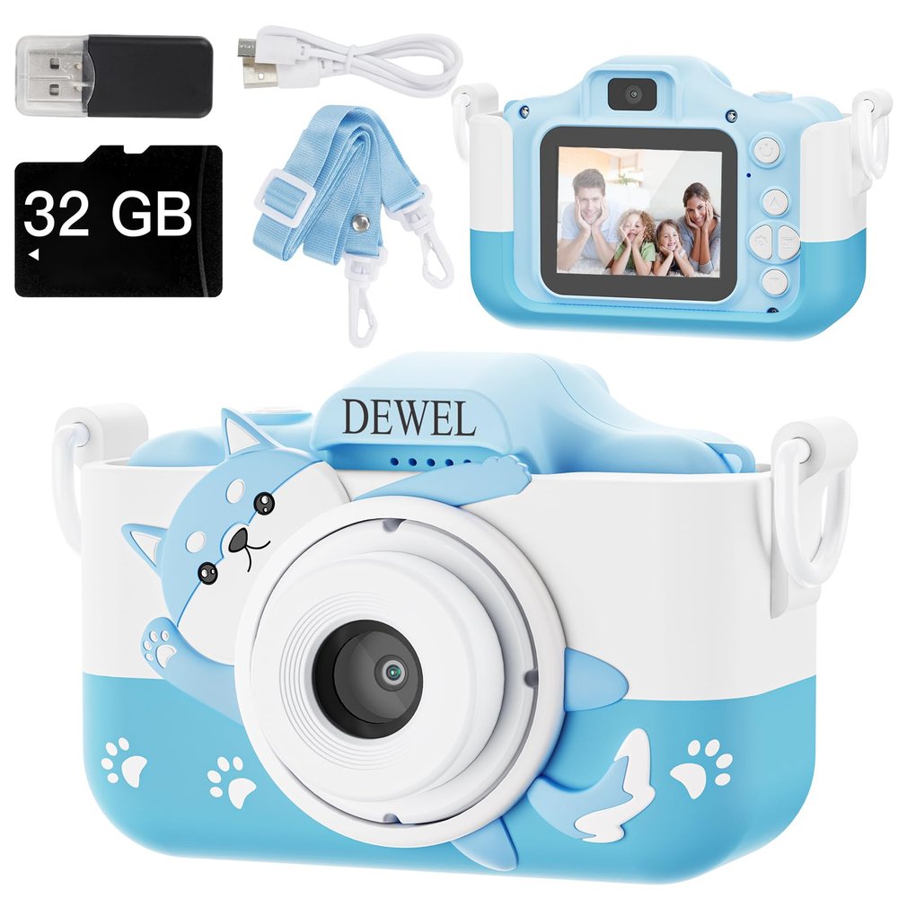 DEWEL Kids Camera, Toy Camera, Toddler Camera, 1080P HD Selfie Digital Video Camera for Boys/Girls, Mini Toddler Camcorder with 32G SD Card, Ideal Christmas Birthday Gift for Childrens Age 3-9(Blue)