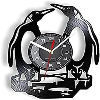 Wall Clock South Pole Penguins Wall Clock Made of Real Vinyl Record Non-Ticking Polar Animal Wall Clock Kids Nursery Decor