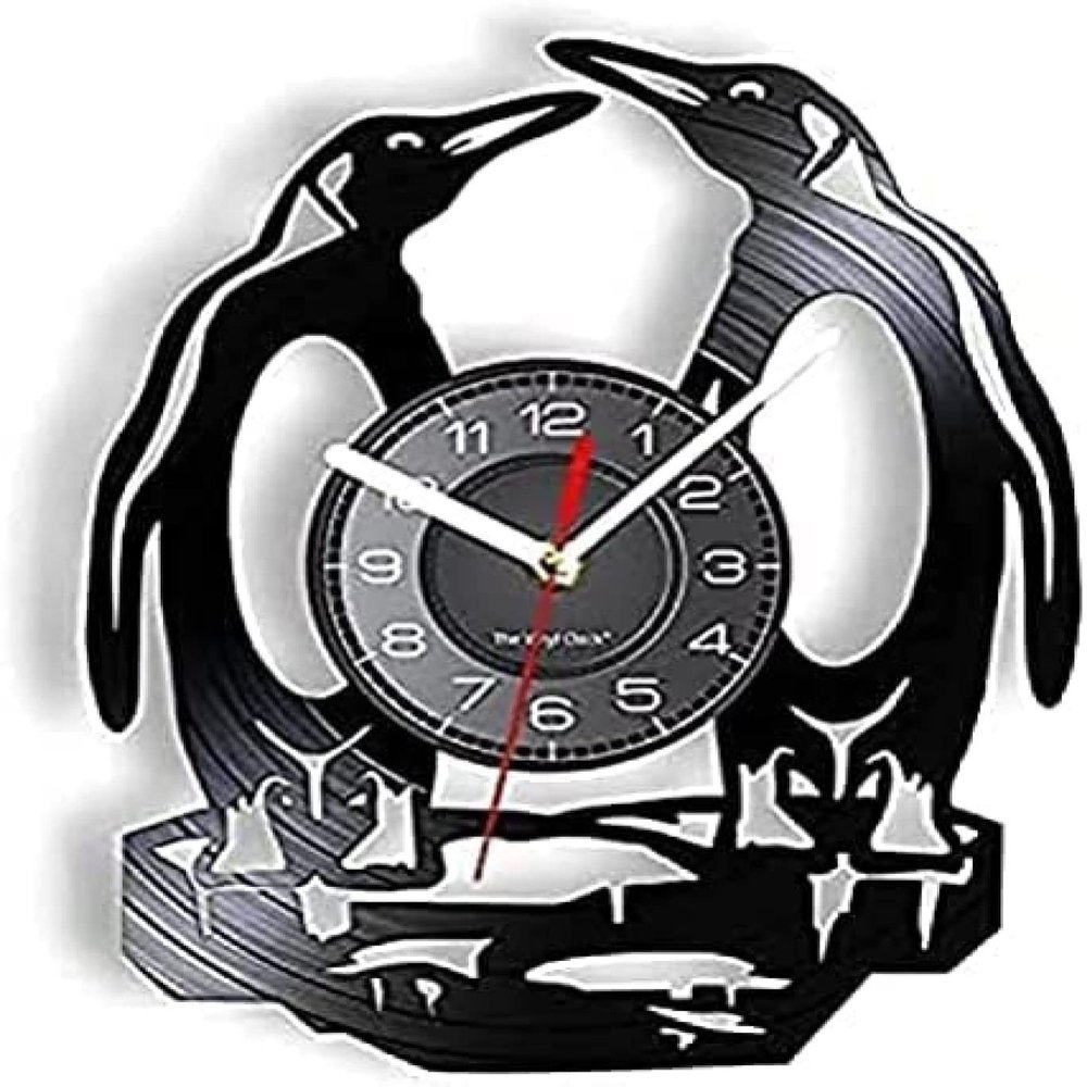 Wall Clock South Pole Penguins Wall Clock Made of Real Vinyl Record Non-Ticking Polar Animal Wall Clock Kids Nursery Decor