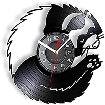 Round Wall Clock Wildlife Ferret Vinyl Woodland Animal Nursery Room Decor Wall Watch Carved Gramophone Music Record Clock Decorative Gift