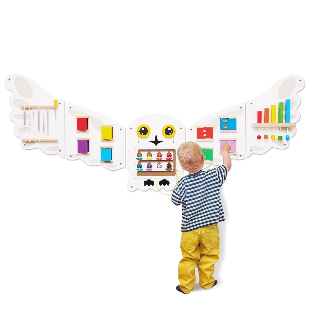 Monlurd Montessori Owl Busy Board - Sensory Wall Panel for Toddlers, Wooden Activity Board for Kids 6M+, Montessori Educational Toys for Baby Learning, Playroom & Daycare Furniture