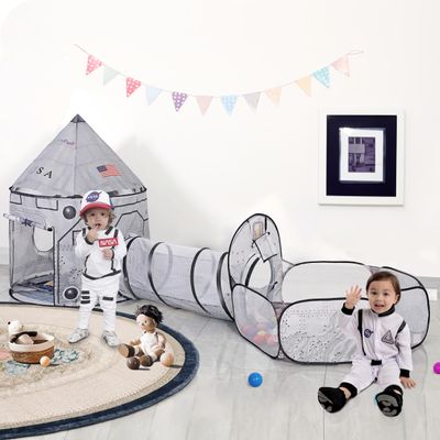 LimitlessFunN 4pc Space Rocket Ship Kids Pop Up Play Tent, Crawl Tunnel, Ball Pit | Includes Star Lights & Carrying Case |, Children Indoor Castle Playhouse for Boys, Toddlers, 47" D x 126" W x 53" H