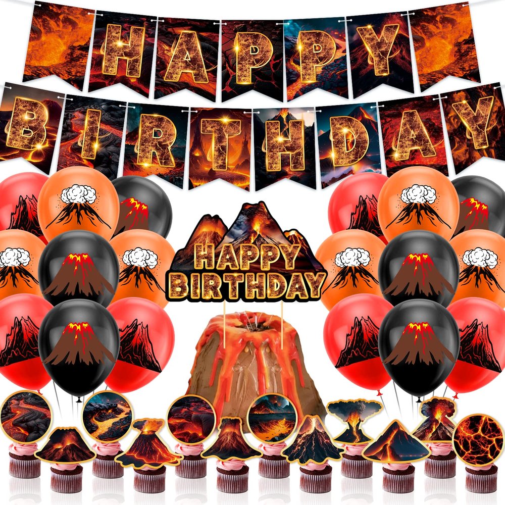 Lava Party Decorations Volcano Birthday Party Decorations Includes Lava Banner Volcano Cake Cupcake Toppers Balloons for Science Dinosaur Party Luau Hawaiian Party