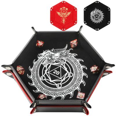 2 Pcs Portable Folding Dice Rolling Tray Set for RPG DND Table Games - PU Leather and Velvet Holder Storage Box - Dragon and Phoenix