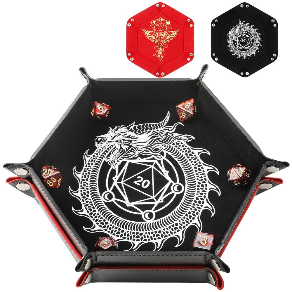 2 Pcs Portable Folding Dice Rolling Tray Set for RPG DND Table Games - PU Leather and Velvet Holder Storage Box - Dragon and Phoenix
