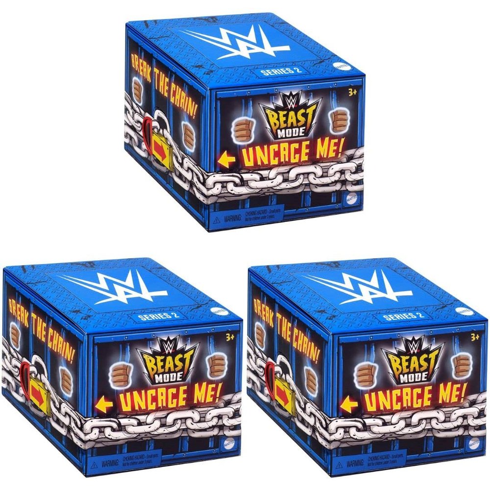 Mattel WWE Beast Mode Series 2 Mystery Pack (Pack of 3) 3 Blind Box Figures with Beast Mode Animal Companions, Cage-Themed Packaging, Ages 3+
