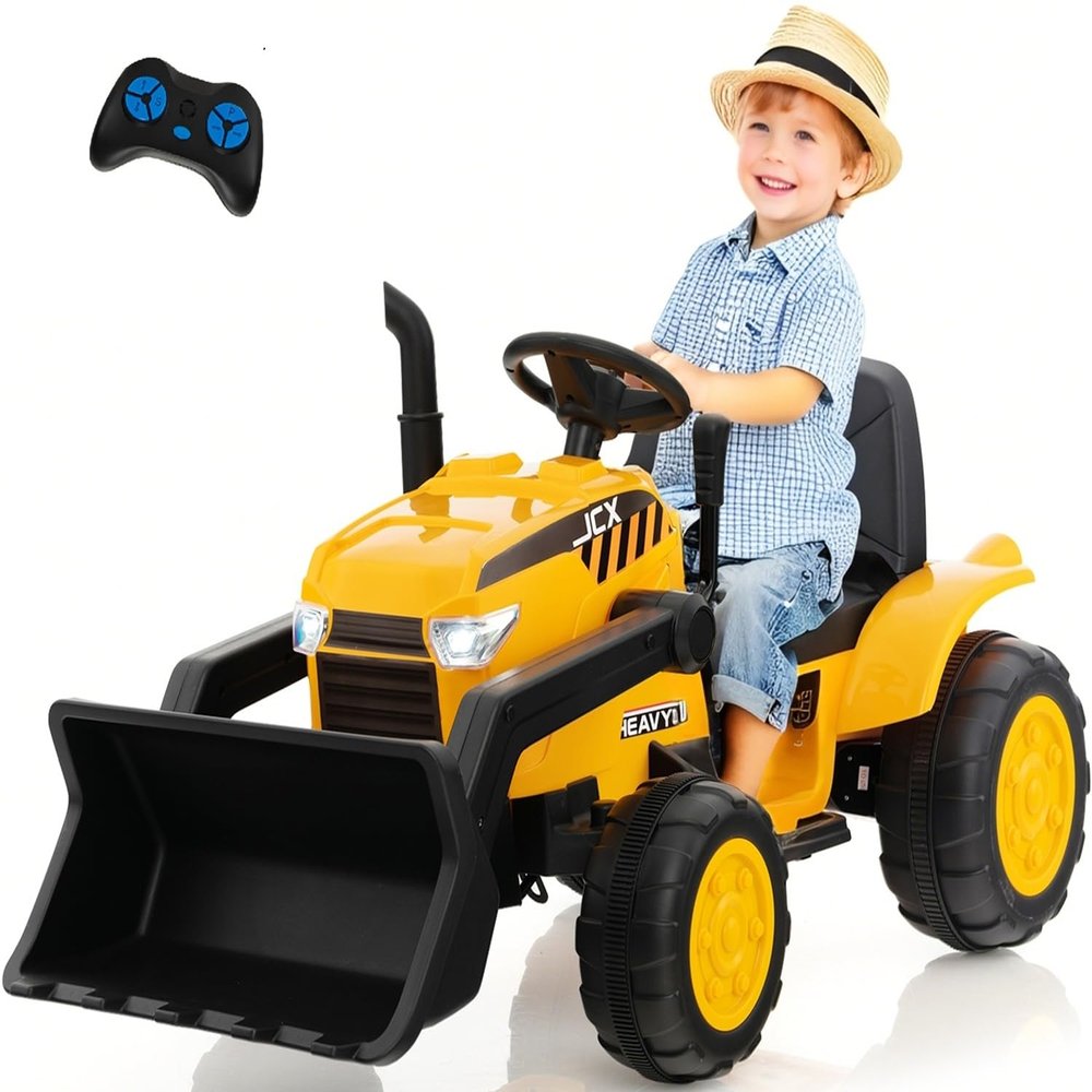 OLAKIDS Kids Ride on Car, 12V Electric Excavator Vehicle Construction Truck with Remote Control, Adjustable Bucket, Toddlers Battery Powered Bulldozer Tractor with 2 Speeds, Music, Citrine