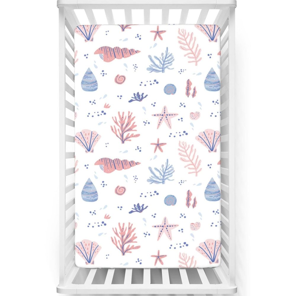 Coastal Themed Fitted Crib Sheet,Standard Crib Mattress Fitted Sheet Toddler Bed Mattress Sheets - Baby Crib Sheets for Girl or Boy,28 x52,White Blush and Ceil Blue
