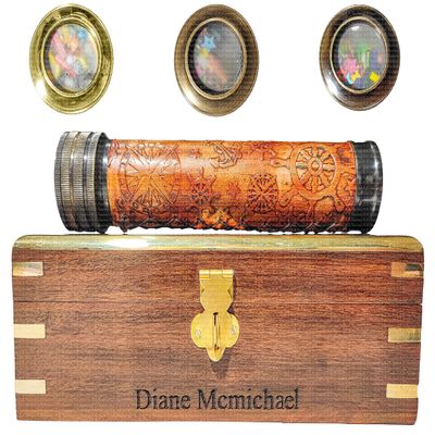 A.A.Nauticals Kaleidoscope Toy with Wood Box, Engagement/Birthday/Wedding/Housewarming Gift Idea(3 Brass Colors, 4 Leather Colors, 2 Box Interior Colors) (Brown Brass - Orange Leather - Red Interior)