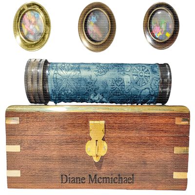 A.A.Nauticals Kaleidoscope Toy with Wood Box, Engagement/Birthday/Wedding/Housewarming Gift Idea(3 Brass Colors, 4 Leather Colors, 2 Box Interior Colors) (Brown Brass - Blue Leather - Red Interior)