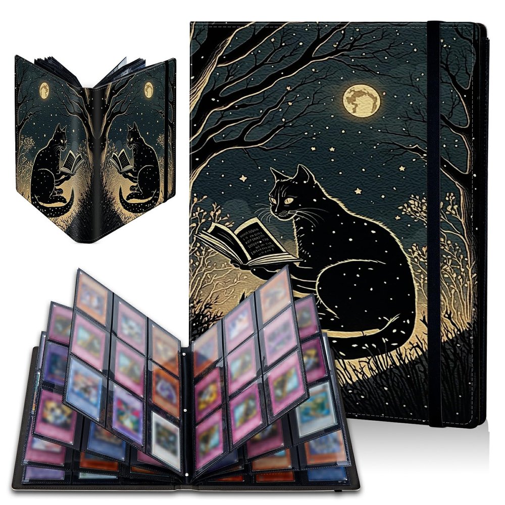 Black Cat Moon Card Binder, 9 Pocket Trading Card Album Folder Sleeves Side Loading 720 Pockets Premium PU Card Book Card Holder Binder Card Album for Game Cards/Sports Cards