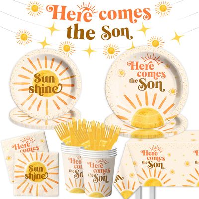 142Pcs Here Comes the Son Baby Decorations-1st Birthday Party Supplies for Boys Boho Sun Tableware Retro Sunshine Here Comes the Son Plates and Napkins Set for 20 Guests