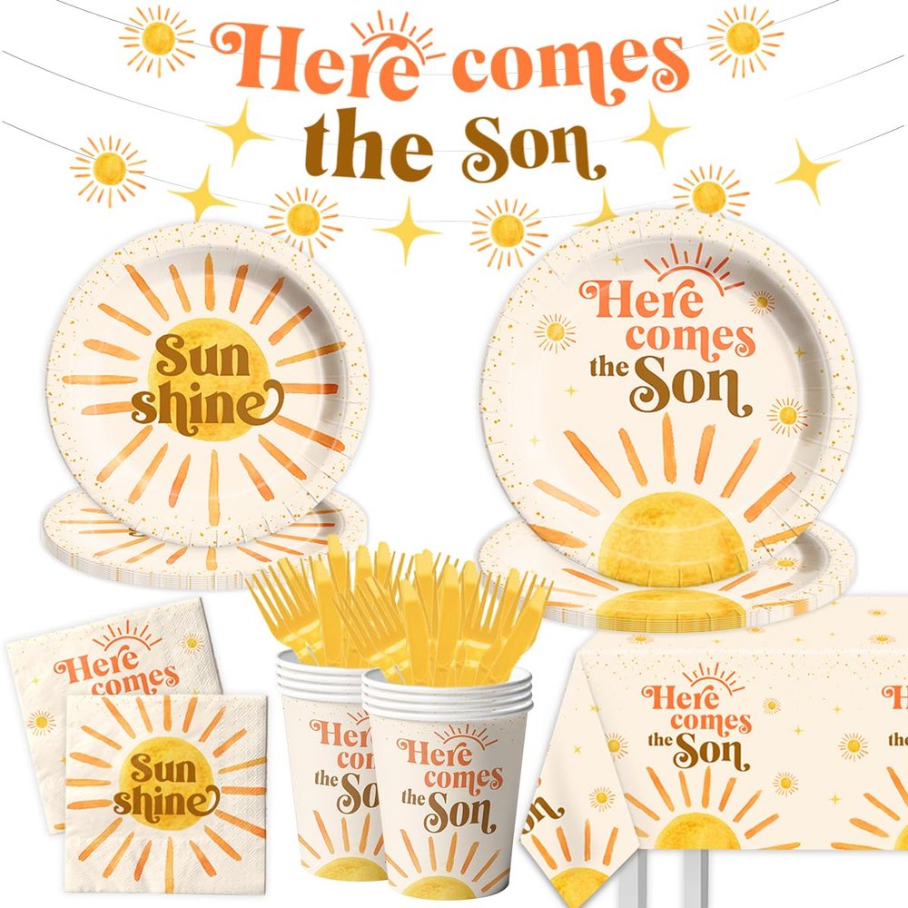 142Pcs Here Comes the Son Baby Decorations-1st Birthday Party Supplies for Boys Boho Sun Tableware Retro Sunshine Here Comes the Son Plates and Napkins Set for 20 Guests