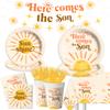 142Pcs Here Comes the Son Baby Decorations-1st Birthday Party Supplies for Boys Boho Sun Tableware Retro Sunshine Here Comes the Son Plates and Napkins Set for 20 Guests view 1