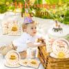 142Pcs Here Comes the Son Baby Decorations-1st Birthday Party Supplies for Boys Boho Sun Tableware Retro Sunshine Here Comes the Son Plates and Napkins Set for 20 Guests view 3