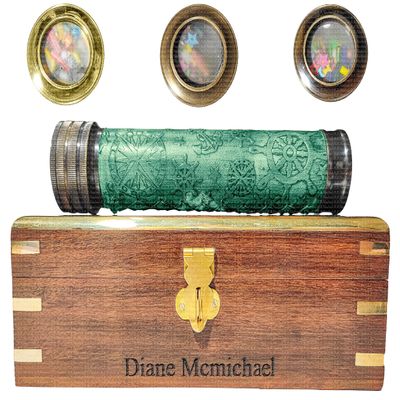 A.A.Nauticals Kaleidoscope Toy with Wood Box, Engagement/Birthday/Wedding/Housewarming Gift Idea(3 Brass Colors, 4 Leather Colors, 2 Box Interior Colors) (Black Brass -Green Leather - Blue Interior)