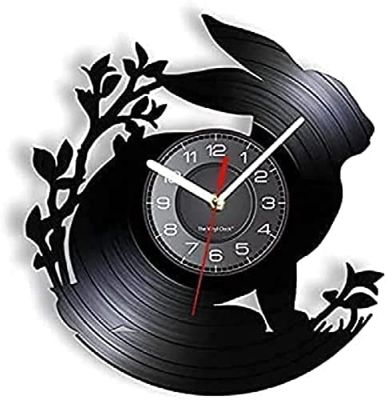 Wall Clock Rabbit Wall Clock Vinyl Record Animal Wall Clock Rabbit Modern Design Silent Black Quartz Clock Hanging Clock for Kids Room Nursery