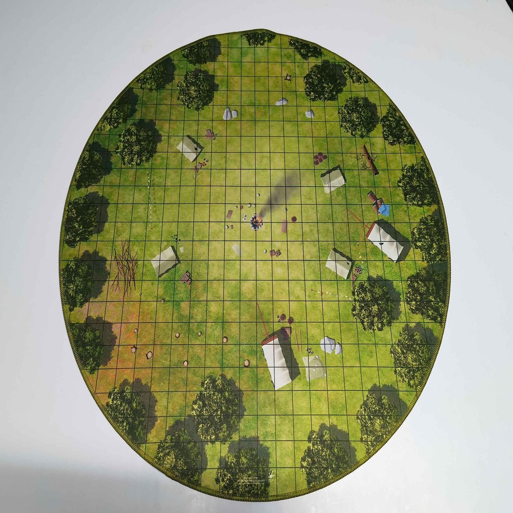 24" Diameter Adventurers Campsite Playmat with 1" Grid Stitched Edging, Double-Sided with Universal Dungeon Terrain