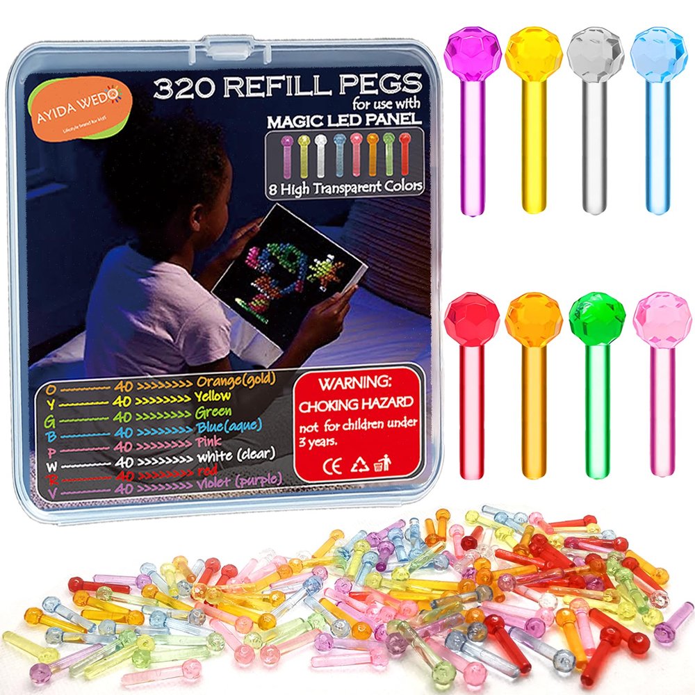 Ayidawedo 320Pcs Pegs Refill for Light BriteLight Bright Glow Pegs 8 Colors with Excellent Clear, LED Light Up Board Toy Replacement Peg for Kids Aged 3 +