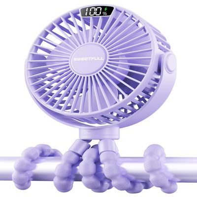 SWEETFULL Portable Stroller Fan with LED Display, 4 Speed Rechargeable Mini Clip On Fan, 360 Rotate Flexible Tripod Better Cooling Small Baby Fan for Car Seat Crib Travel Bike Treadmill (Purple)