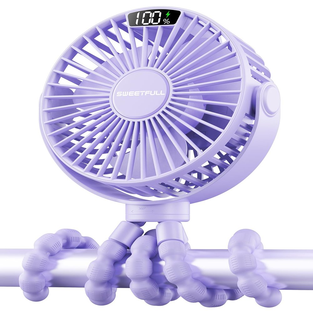 SWEETFULL Portable Stroller Fan with LED Display, 4 Speed Rechargeable Mini Clip On Fan, 360 Rotate Flexible Tripod Better Cooling Small Baby Fan for Car Seat Crib Travel Bike Treadmill (Purple)