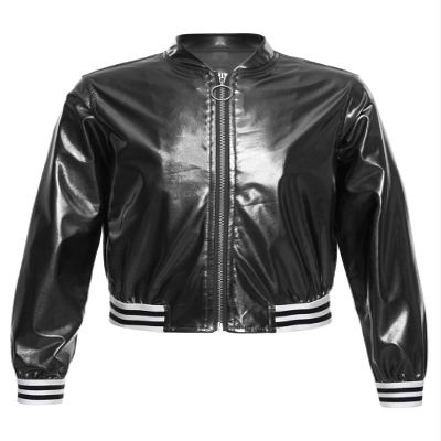 MSemis Kids Girls Sparkly Metallic Bomber Jacket Lightweight Long Sleeve Top Outerwear Jazz Hip Hop Dance Costume Black 16 Years