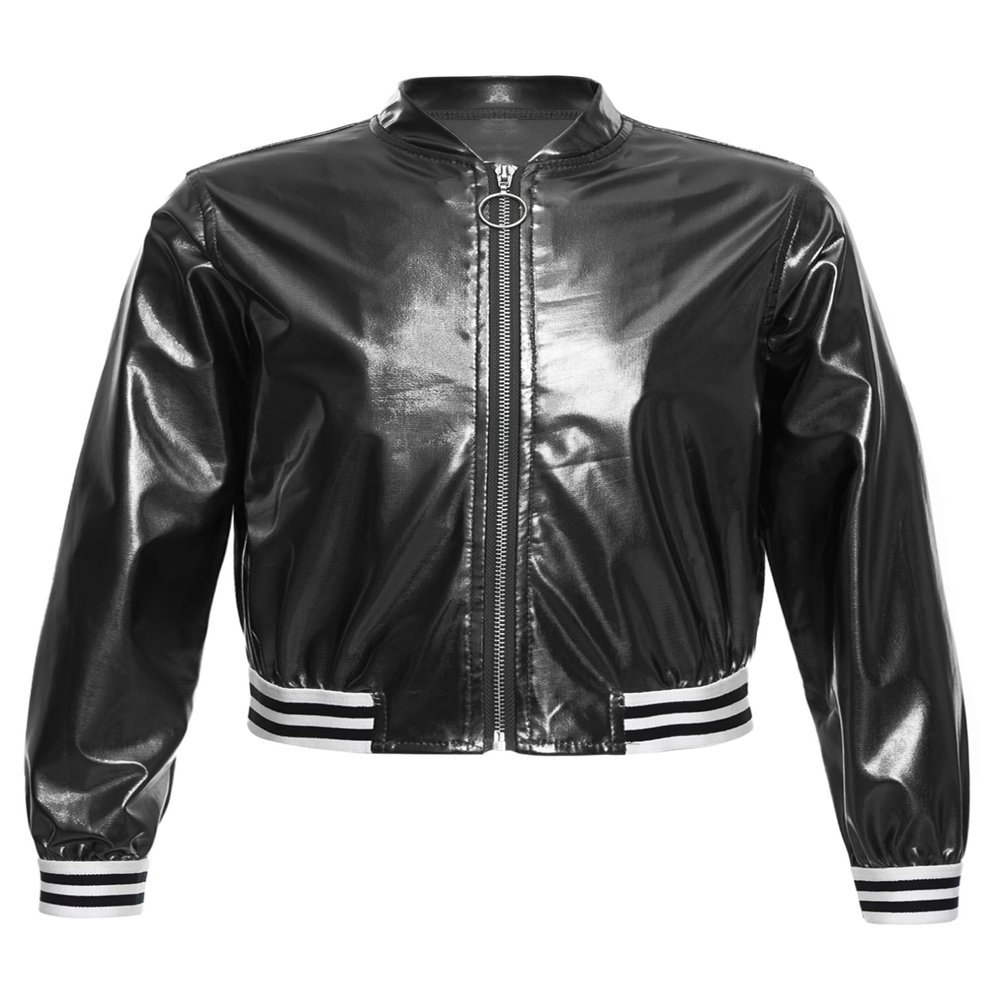 MSemis Kids Girls Sparkly Metallic Bomber Jacket Lightweight Long Sleeve Top Outerwear Jazz Hip Hop Dance Costume Black 16 Years
