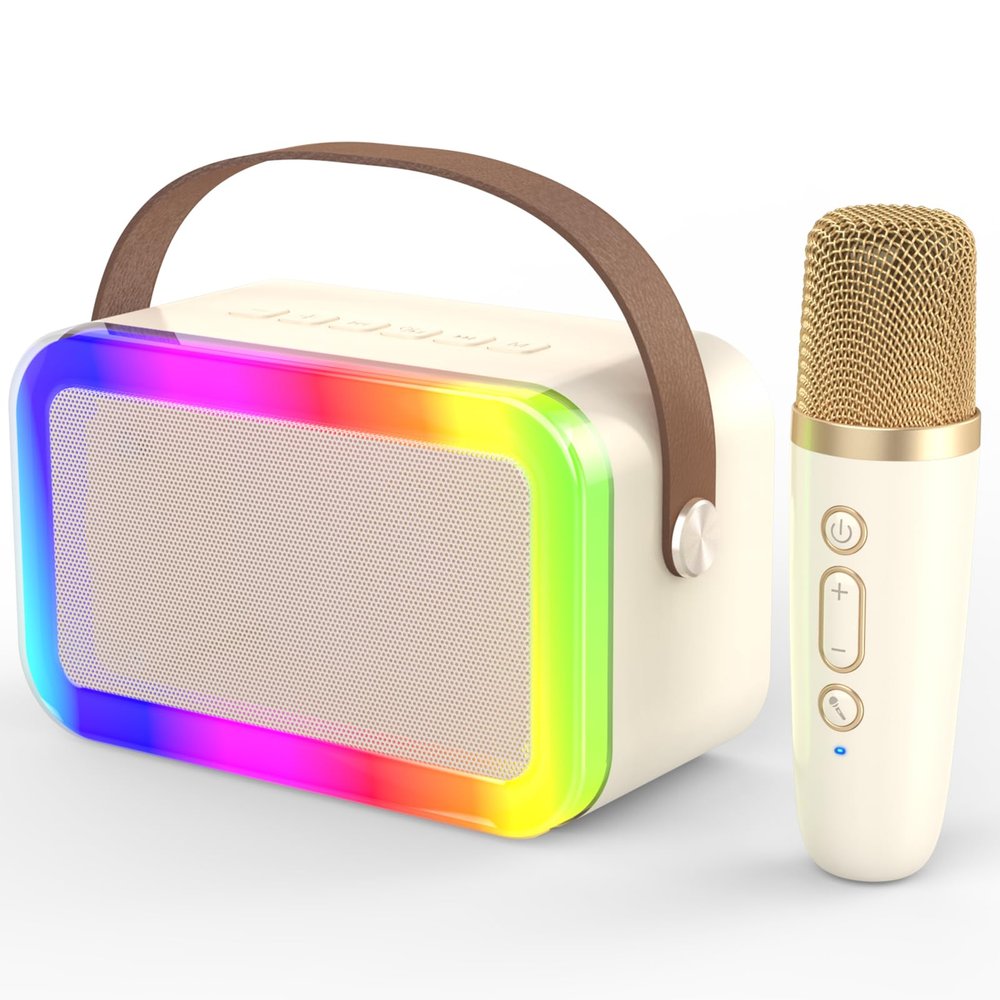 MEGUO Mini Karaoke Machine,Funny Toys Christmas Birthday Gifts for Kids Age 4-12 Girls,Boys,Adults, Karaoke Microphone Toys for 4,5,6,7,8,9,10,11,12+ Year Old Girls Boys (Beige 1 mic -Rainbow Lights)