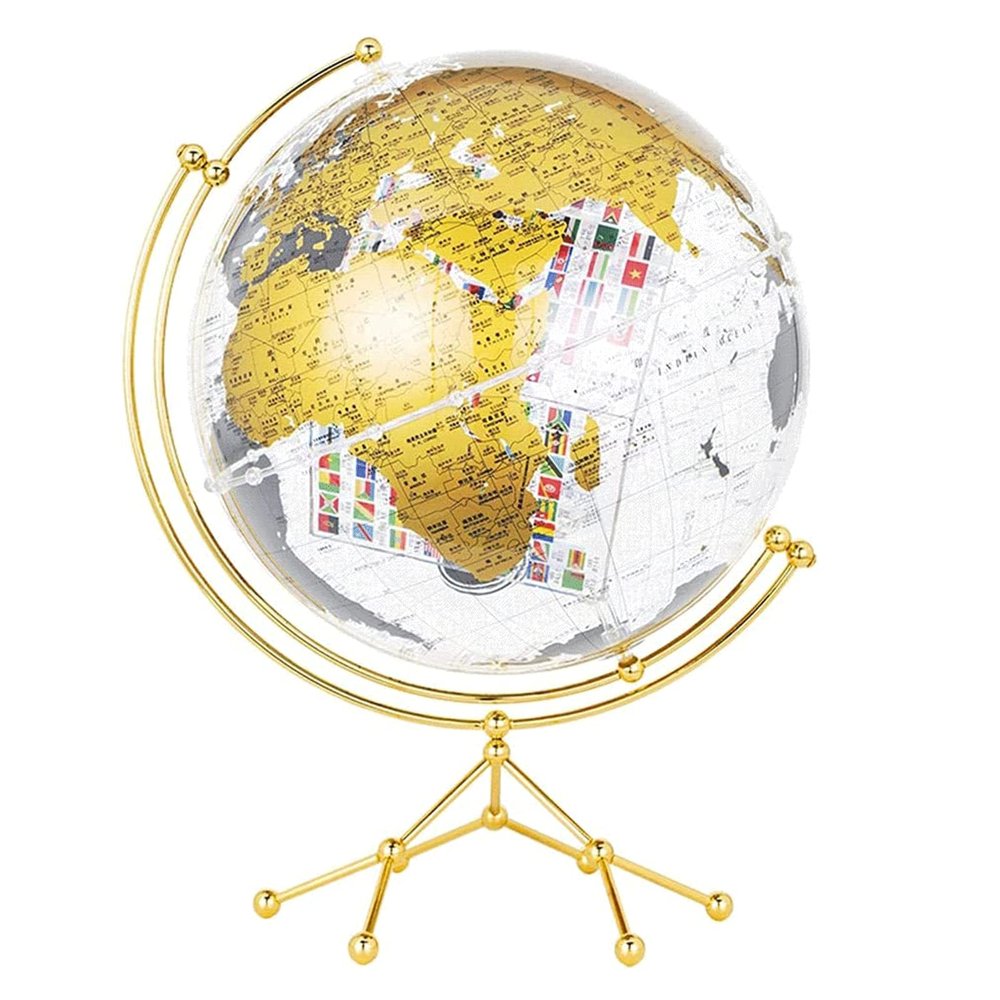 POCHY Beautiful Globe Clear Acrylic Globe with Metal Tripod World Globe Built-in Cube Flag Pattern 360 Rotating Desktop Geographic Globes Fine and Clear
