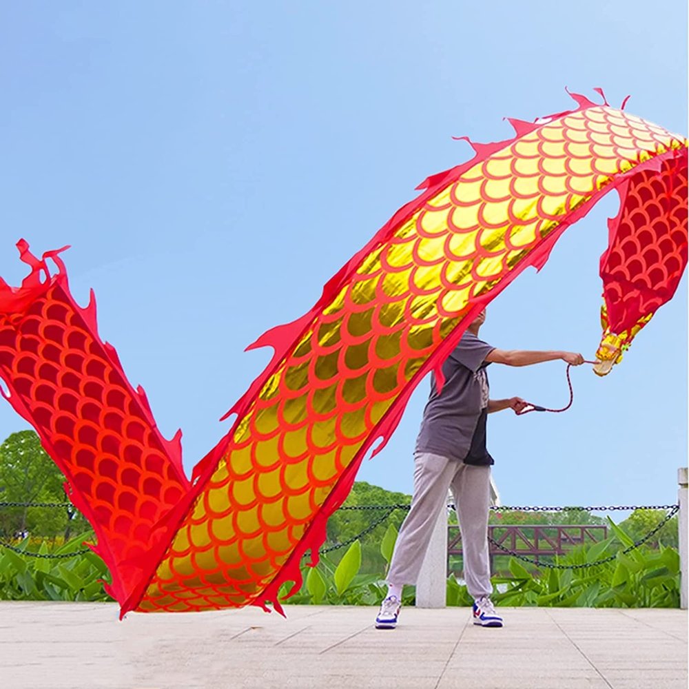 CALMR Dragon Dance Ribbon with Travel Bag Dragon Dance with 3D Real Like Plastic Dragon Head Outdoor Sports Silk Dragon Dance
