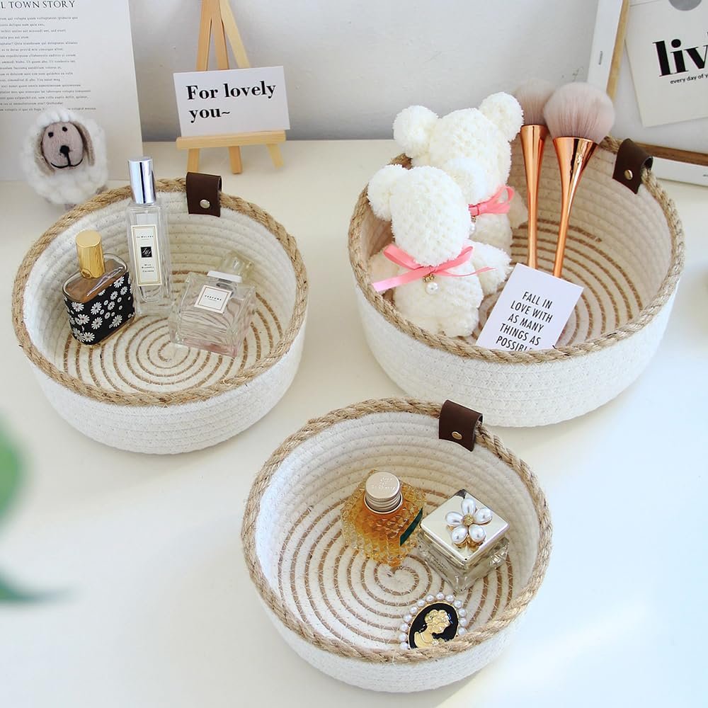 KAKAA Pack of 3 White Khaki Pastoral Style Handwoven Storage Basket Washable Storage Cotton Rope Basket Versatile for Living Room Bedroom Baby Room