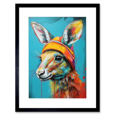 Artery8 Baby Kangaroo Joey Wearing Hat Teal and Orange Artwork Framed Wall Art Print 12X16 Inch