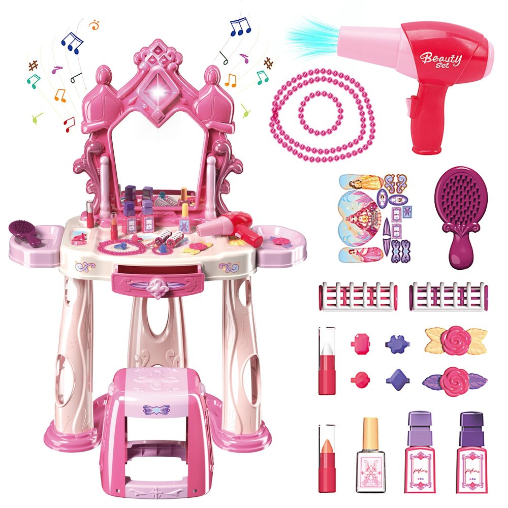 Pretend Play Girls Makeup Table Set with StoolKids Vanity Set with Lights and MusicToddler Beauty Salon Set with Makeup Accessories & Hair Dryer ToyBest Birthday Gifts for Toddlers 2-5 Years Old