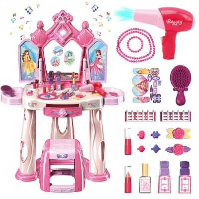Pretend Play Girls Makeup Table Set with StoolOpen Doors by GesturesKids Vanity Set with Lights and MusicToddler Beauty Salon Set with Makeup Accessories & Hair DryerToy for Toddlers 2-5 Years Old
