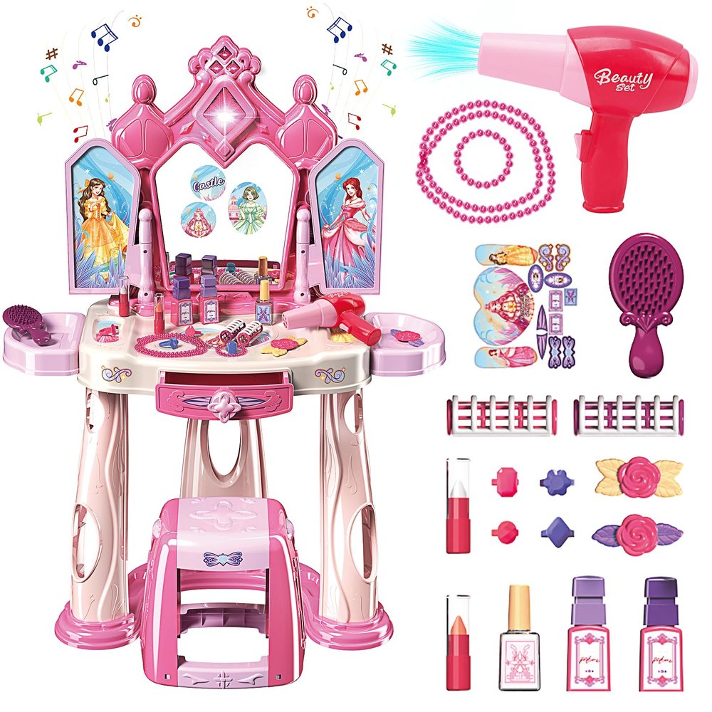 Pretend Play Girls Makeup Table Set with StoolOpen Doors by GesturesKids Vanity Set with Lights and MusicToddler Beauty Salon Set with Makeup Accessories & Hair DryerToy for Toddlers 2-5 Years Old