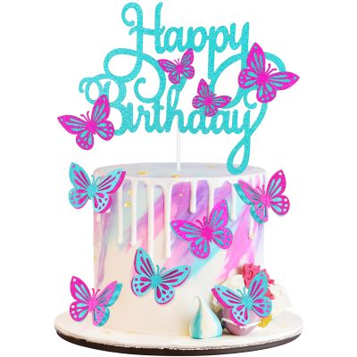 13 Pieces Butterfly Cake Toppers With Happy Birthday Cake Toppers 3D Pink Gold Butterfly Cake Decorations for Girls Women's Birthday Party Wedding Cake Decor Baby Shower (Blue,Rose Red)