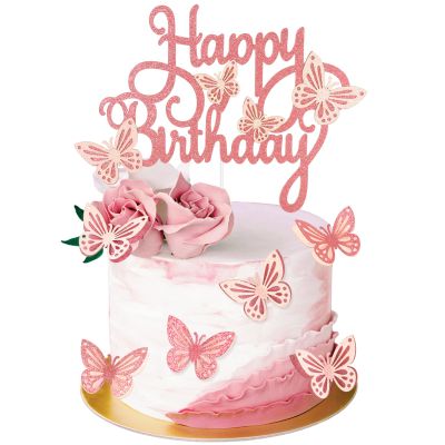 13 Pieces Butterfly Cake Toppers With Happy Birthday Cake Toppers 3D Pink Gold Butterfly Cake Decorations for Girls Women's Birthday Party Wedding Cake Decor Baby Shower (Light Pink)