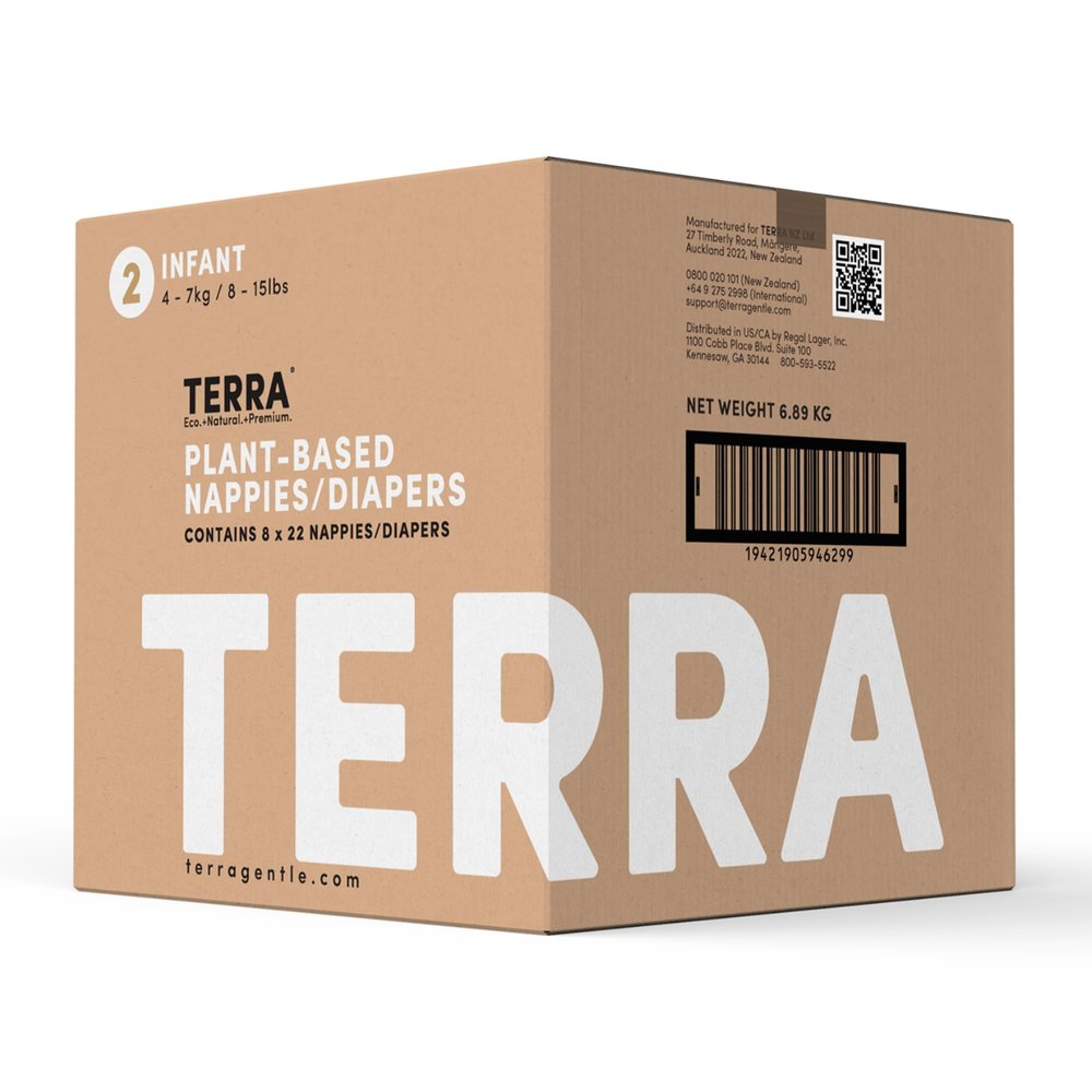 Terra Diapers Size 2: 85% Plant-Based Diapers, Ultra-Soft & Chemical-Free for Sensitive Skin, Superior Absorbency for Day or Nighttime Diapers, Designed for Babies 8-15 Pounds, 176 Count