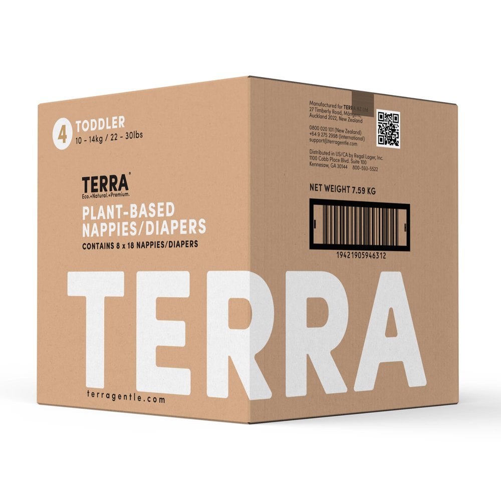 Terra Diapers Size 4: 85% Plant-Based Diapers, Ultra-Soft & Chemical-Free for Sensitive Skin, Superior Absorbency for Day or Nighttime Diapers, Designed for Toddlers 22-30 Pounds, 144 Count