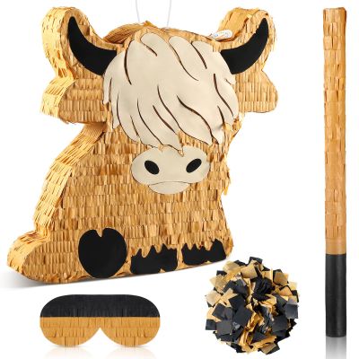 Sratte Cute Highland Cow Piata Party Supplies Piata with Blindfold Bat Confetti Highland Cow Decorations for Theme Birthday Party Supplies, 15.75 x 14.37 x 2.76 Inch