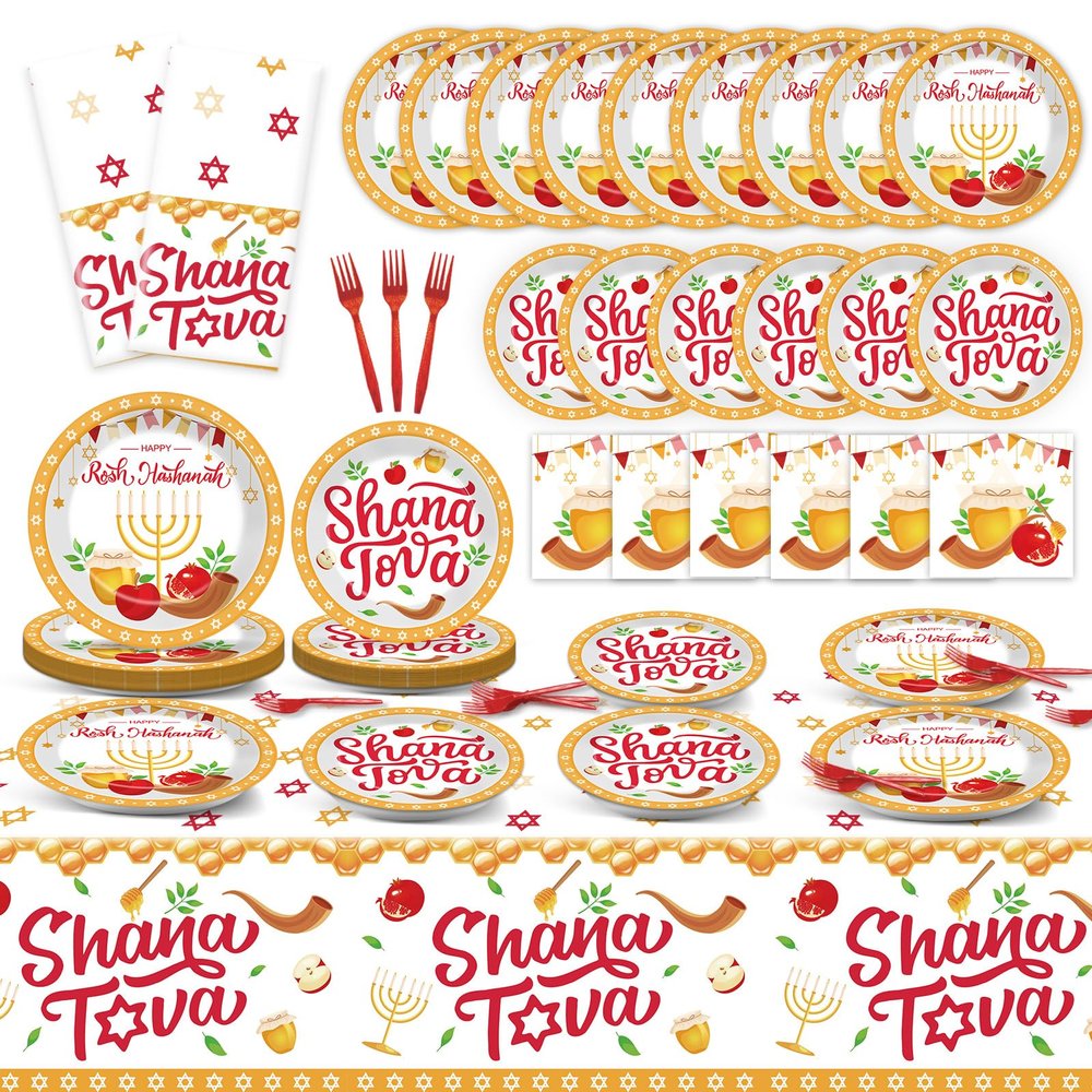 98 Pcs Rosh Hashanah Party Supplies Jewish New Year Plates Shana Tova Party Tablecloth Rosh Hashanah Party Decorations for Kitchen High Holy Day Tableware Paper Forks Napkins Plates for 24 Guests
