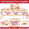 98 Pcs Rosh Hashanah Party Supplies Jewish New Year Plates Shana Tova Party Tablecloth Rosh Hashanah Party Decorations for Kitchen High Holy Day Tableware Paper Forks Napkins Plates for 24 Guests view 3