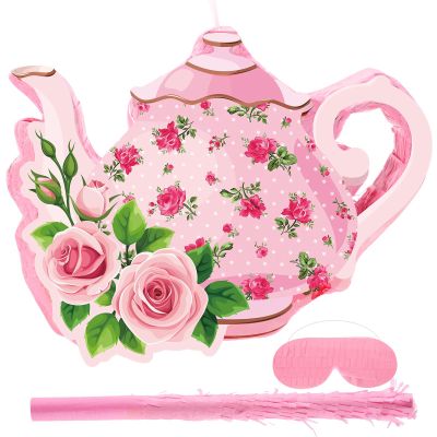 Aoriher 4 Pieces Tea Party Piatas Tea Flower Themed Decorations Teapot Small Piata Bundle with Blindfold and Stick Teacup Party Supplies Favors for Birthday(Pink,Teapot)