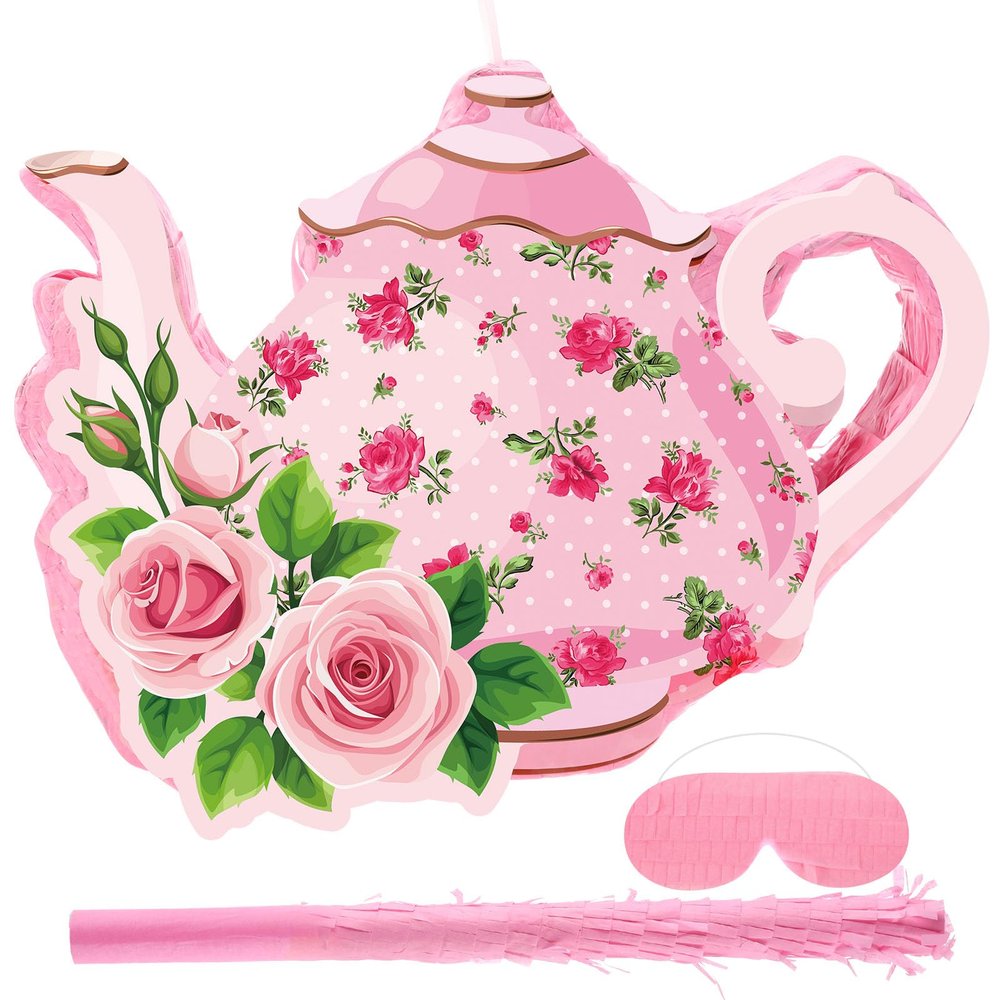 Aoriher 4 Pieces Tea Party Piatas Tea Flower Themed Decorations Teapot Small Piata Bundle with Blindfold and Stick Teacup Party Supplies Favors for Birthday(Pink,Teapot)