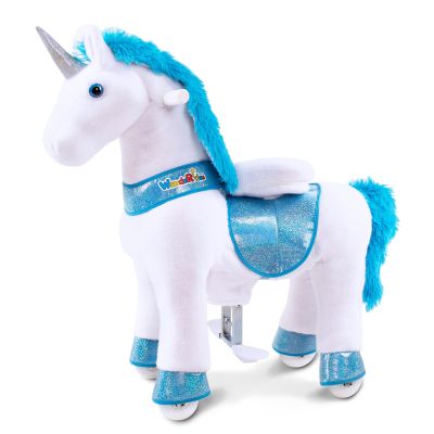 WondeRides Ride on Unicorn Horse Bule Pony Cycle Toy Size 4 for 4-9 Years, 36 Inch Height Riding Pony Unicorn with Wheels Mechanical Walking Rocking Plush Animal as Birthday Gifts for Children M431-1