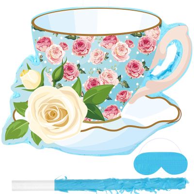 Aoriher 4 Pieces Tea Party Piatas Tea Flower Themed Decorations Teapot Small Piata Bundle with Blindfold and Stick Teacup Party Supplies Favors for Birthday (Blue,Teacup)