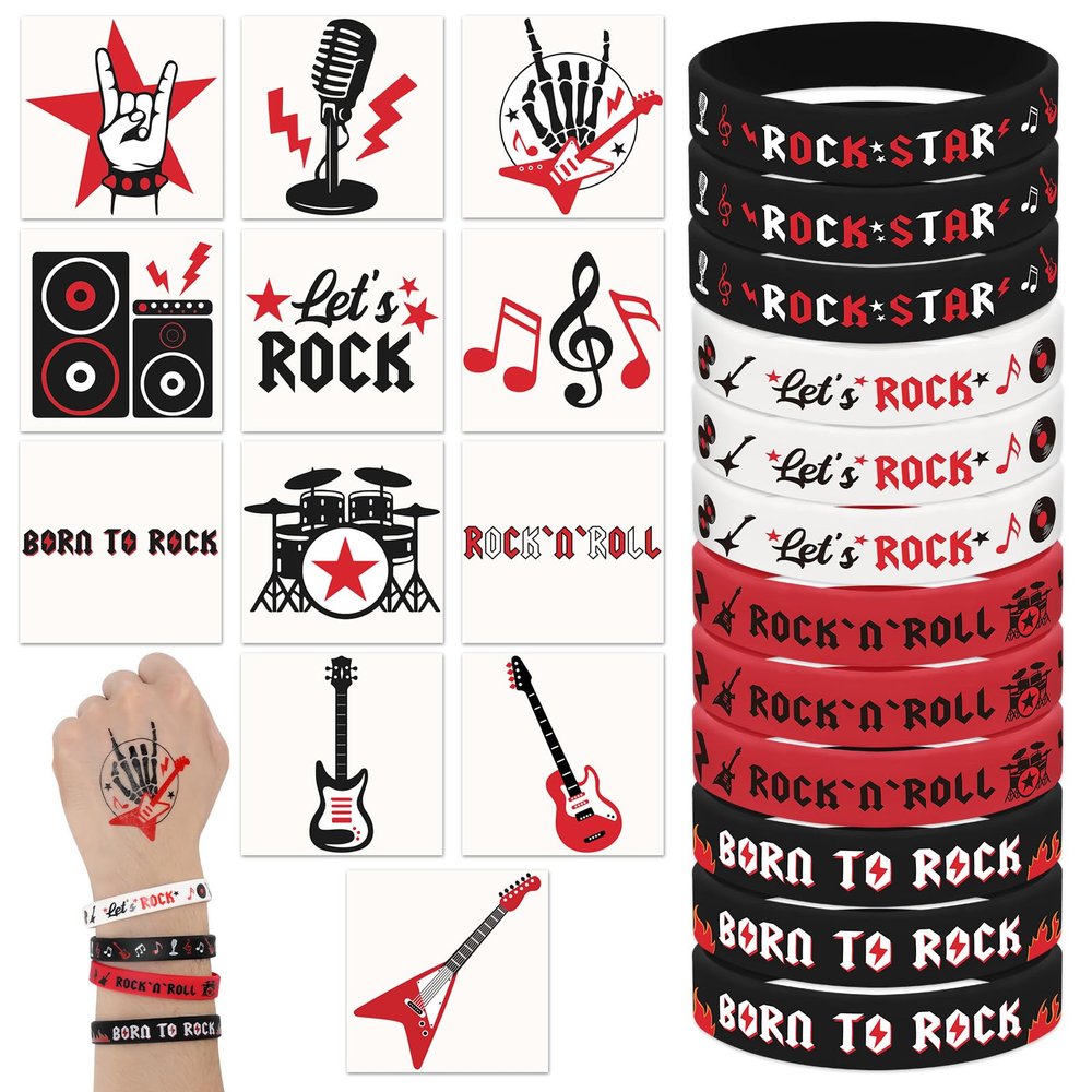Sinasasspel 36PCS Rock And Roll Stickers Silicone Bracelet Party Favors Born to Rock Decorations Supplies Temporary Stickers For Face Arm Hand Lets Rock Rubber Wristband 60s 80s Retro Rock Band