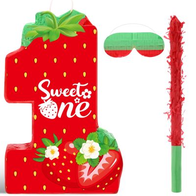 Aoriher Strawberry 1st Birthday Piata Strawberry Piata Summer Berry Piata with Stick Blindfold Mask Confetti for Girls Theme Birthday Baby Shower Party Game Supplies Decor