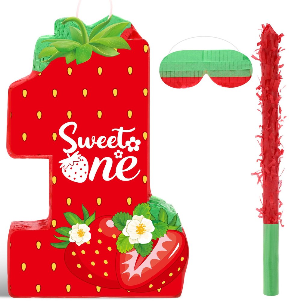 Aoriher Strawberry 1st Birthday Piata Strawberry Piata Summer Berry Piata with Stick Blindfold Mask Confetti for Girls Theme Birthday Baby Shower Party Game Supplies Decor