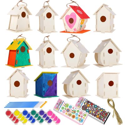 12 Pack Large DIY Bird Houses Kits for Kids, Kids Craft Kits Wood Houses for DIY Crafts Class Party, 12 Birdhouse Kits with 12 Paint Strips & Paintbrushes & Stickers for Children to Build & Paint (12)